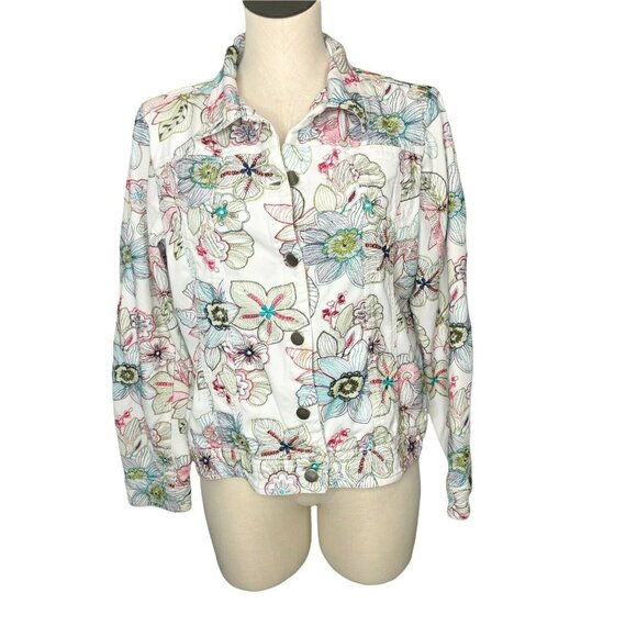 Cynthia Max Jackets & Blazers - Cynthia Max Truckers Jean Jacket White Multicolor Embroidery Floral Womens XL